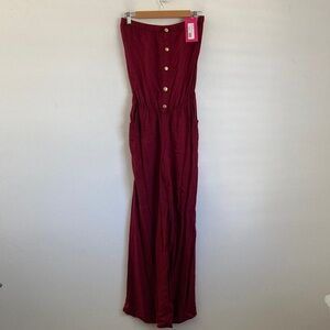 Solemio Women's Burgundy Strapless Jumpsuit with Button Detail Small